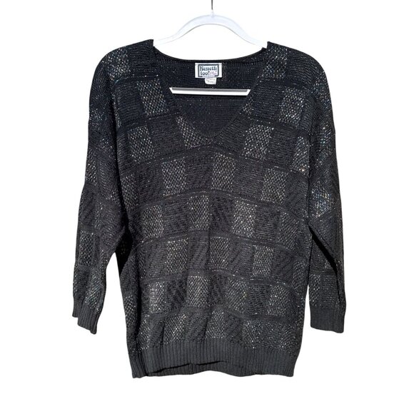 Kenneth Too Plus Sweaters - Vintage Black V-Neck Sweater Metallic Checkered Pattern